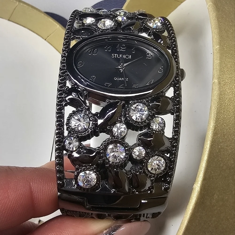 Brand New! Studio Time black w/Rhinestones Bangle Bracelet Watch